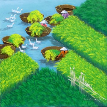 Asian Painting - Early morning on the rice field Vietnamese Asian